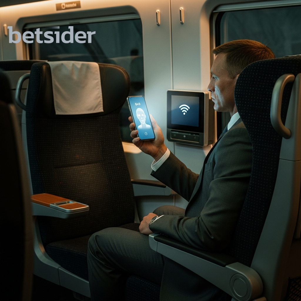 Betsider app com login seguro num telemóvel num comboio